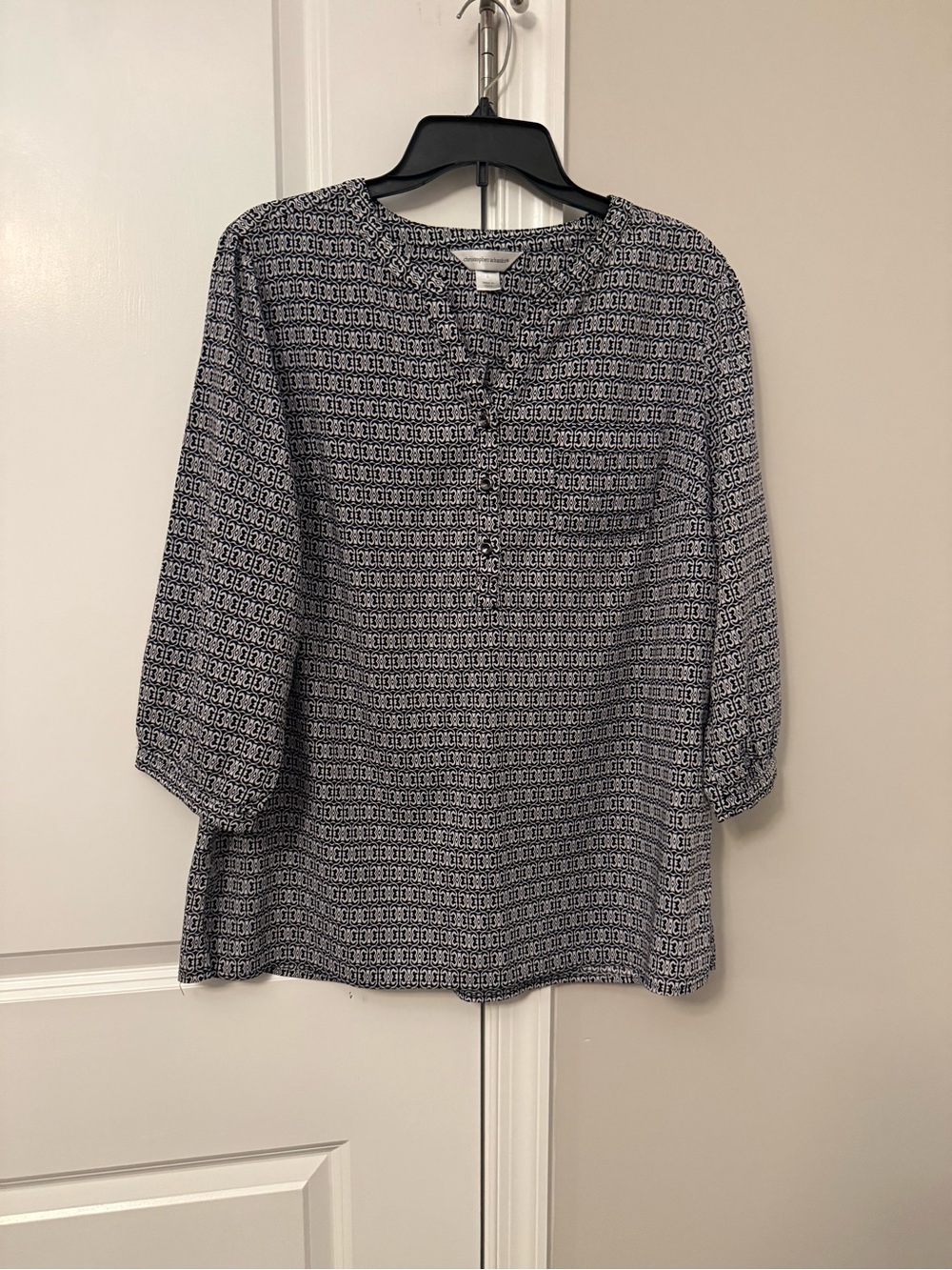 Christopher & Banks Black and White Geometric 3/4 Sleeve Blouse